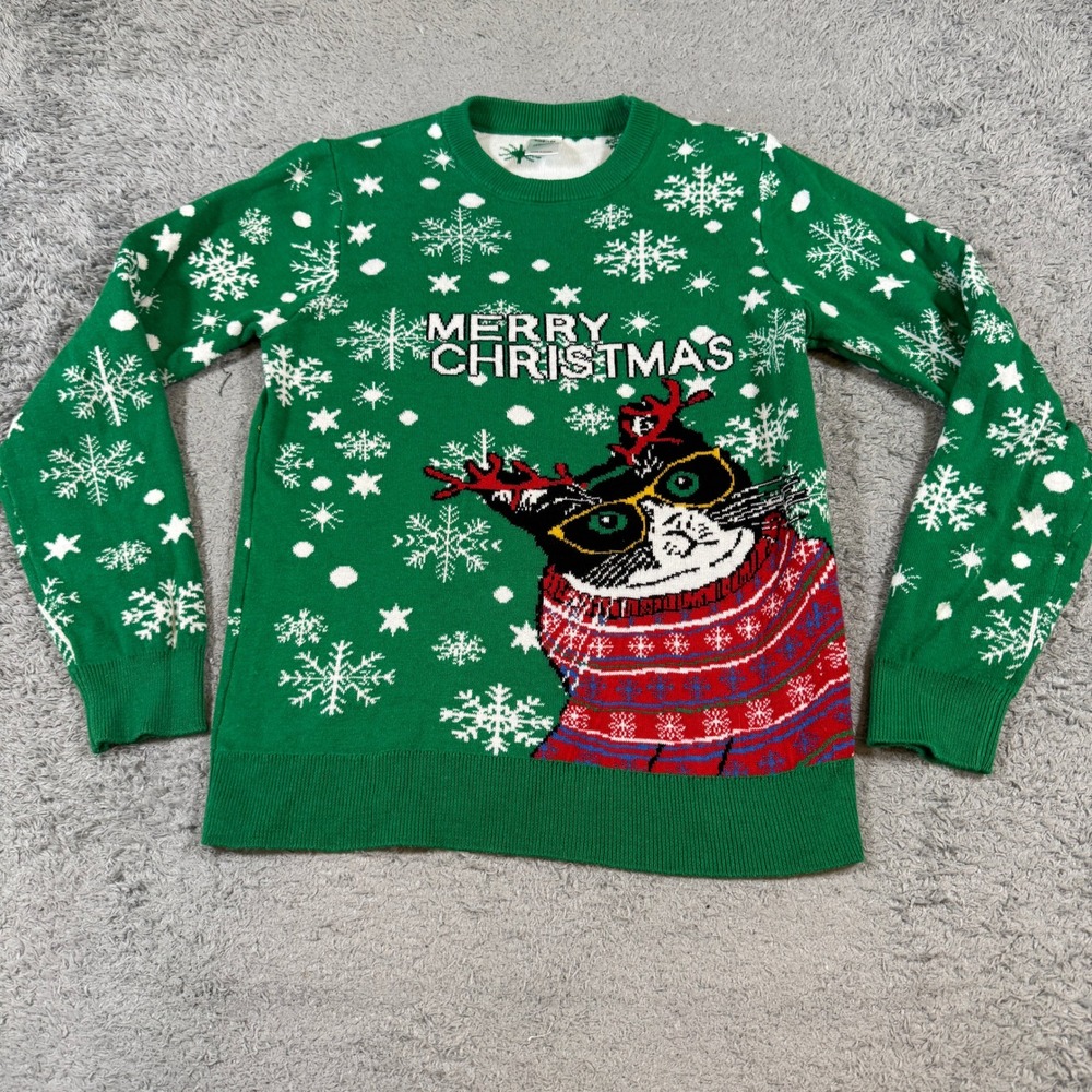 Unbranded Unisex Merry Christmas Cat Reindeer Sweater Size 150 Green Snowflake